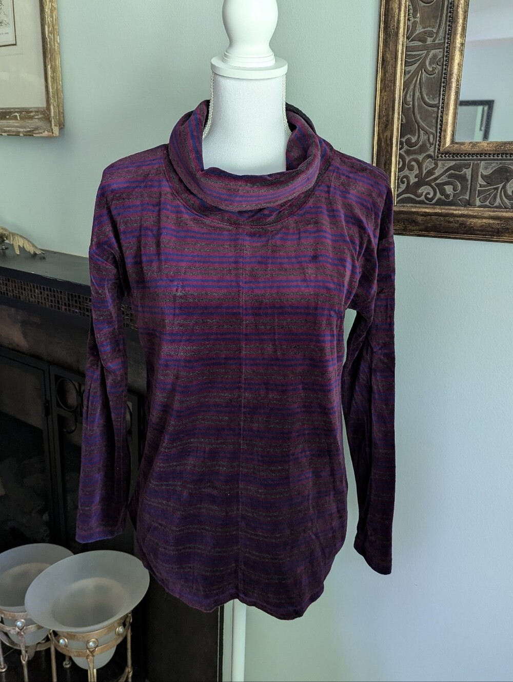 Talbots Velour Cowl Neck Tunic Top Women's Small Burgundy Purple Stripe